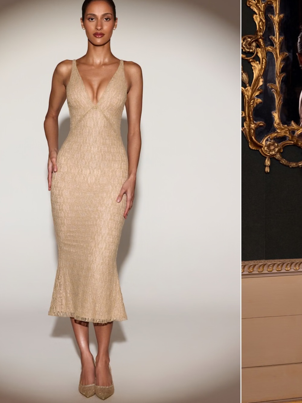 Oh Polly Gold Lace V-Neck Midi Dress